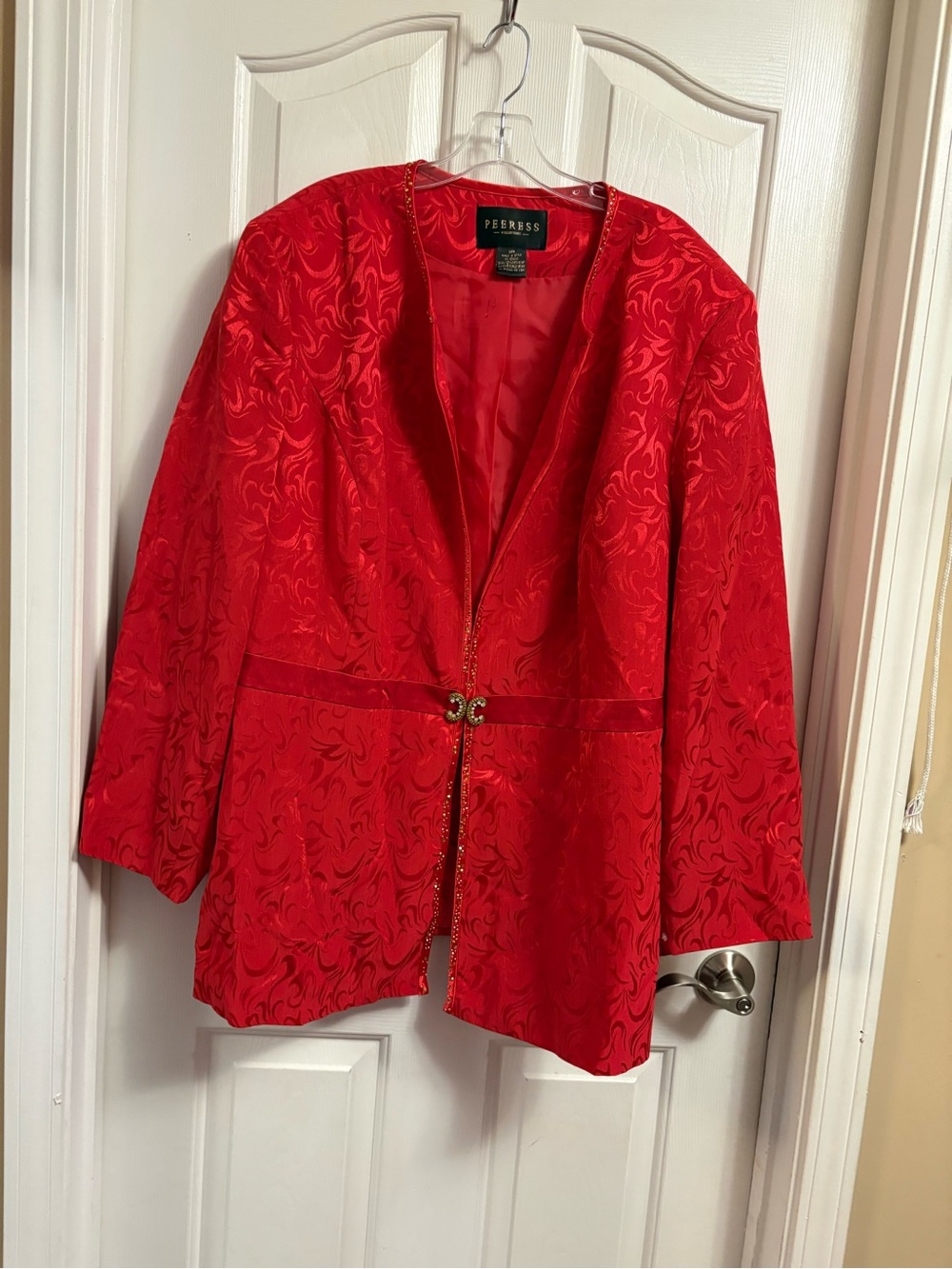 Red Brocade Blazer with Decorative Hook